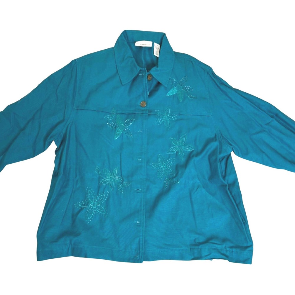 Alfred Dunner Teal Blue Floral Sequin Button Front Jacket Size 16 NWT